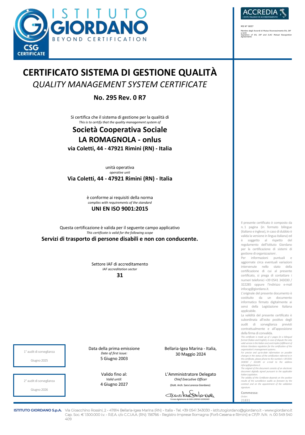 Certificato 295 del 2026 rilasciato dall'istituto Giordano